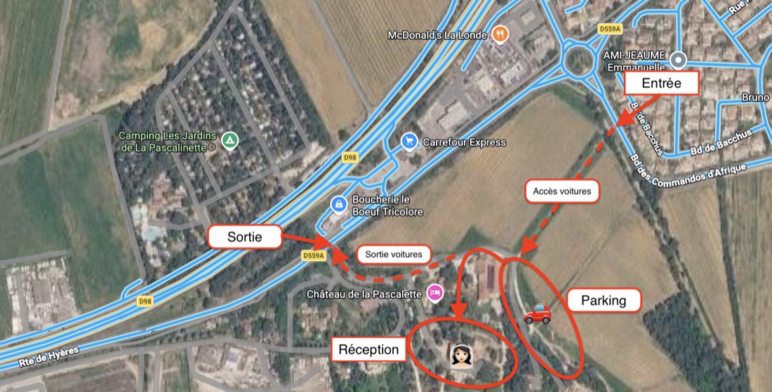 Plan de circulation : entrée et sortie voitures, parking, réception